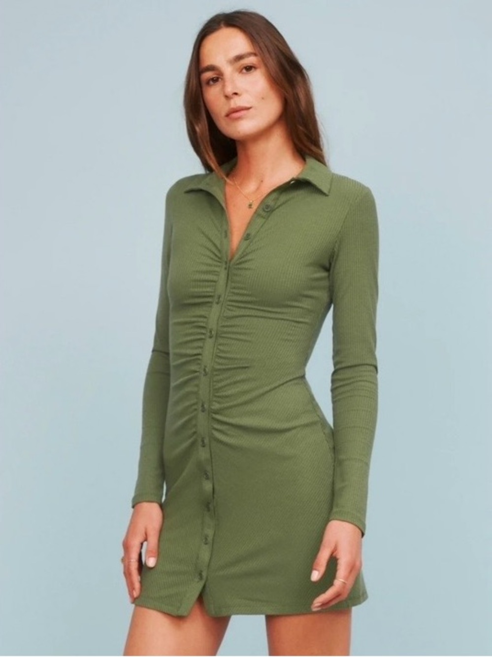 NWOT Reformation Amy Knit Dress Green Ribbed Button Front Collared XS